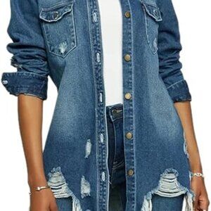 Plus Size Denim Jacket for Women Long Sleeve Classic Distressed Jean Jacket